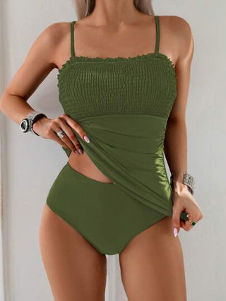 طقم تانكيني حريمي Swim Basics طقم لباس سباحة يتكون من قصة علوية رفرفة باللون الأحادي وبيكيني للنساء، ملابس شاطئ للعطلات