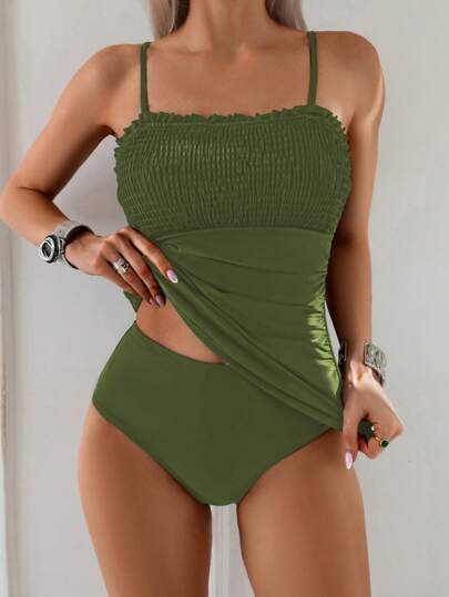 طقم تانكيني حريمي Swim Basics طقم لباس سباحة يتكون من قصة علوية رفرفة باللون الأحادي وبيكيني للنساء، ملابس شاطئ للعطلات