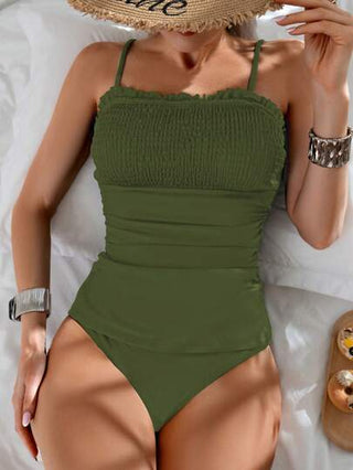 طقم تانكيني حريمي Swim Basics طقم لباس سباحة يتكون من قصة علوية رفرفة باللون الأحادي وبيكيني للنساء، ملابس شاطئ للعطلات