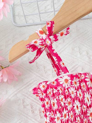 فساتين بيبي MommBaby فستان نسائي وطفلي بلا أكمام وأربطة وكرمات من الزهور مع قبعة، فستان صيفي جميل للشاطئ