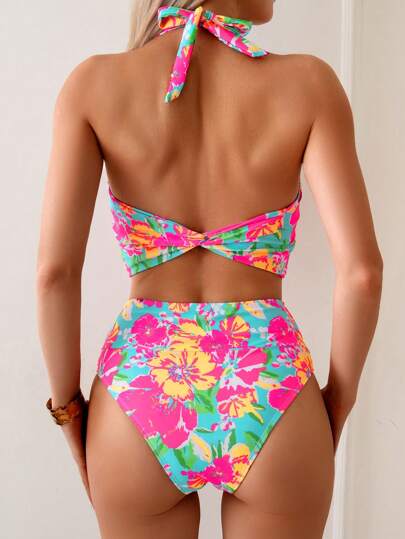 طقم تانكيني حريمي Swim Mod مجموعة بكيني بطبعة زهور استوائية 2 قطعة للمرأة