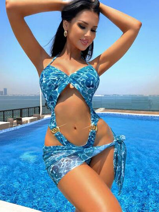 مايوه حريمي قطعة واحدة Swim SXY بدلة سباحة للسيدات قطعتين لحفلة الشاطئ ، مجموعة ملابس سباحة طراز فينتاج أنيق بطبعات زهرية زرقاء مموجة ، تتضمن بدلة سباحة قطعة واحدة وتنورة