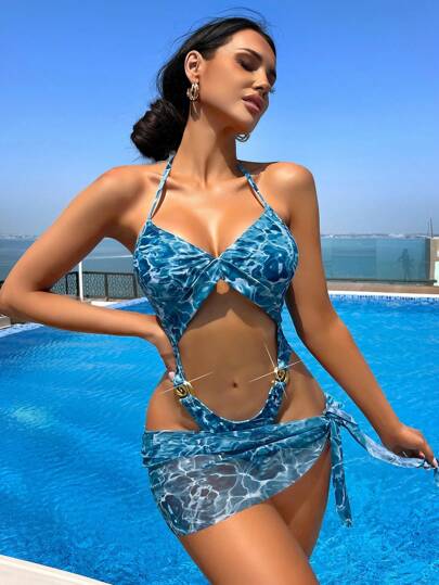 مايوه حريمي قطعة واحدة Swim SXY بدلة سباحة للسيدات قطعتين لحفلة الشاطئ ، مجموعة ملابس سباحة طراز فينتاج أنيق بطبعات زهرية زرقاء مموجة ، تتضمن بدلة سباحة قطعة واحدة وتنورة
