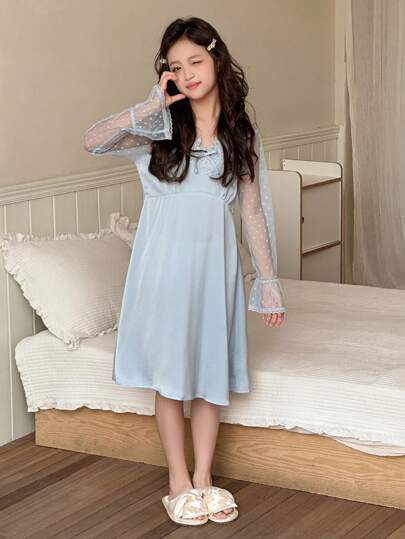 DAZY فستان بأكمام منسدلة من القماش الشبكي الملون بنمط التصميع، لملابس المنزل للفتيات المراهقات