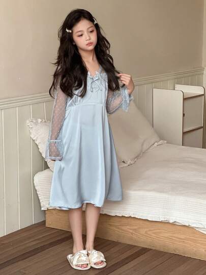 DAZY فستان بأكمام منسدلة من القماش الشبكي الملون بنمط التصميع، لملابس المنزل للفتيات المراهقات
