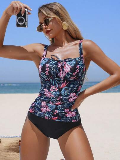 طقم تانكيني حريمي Swim Lushoire طقم بكيني بسيور كاميسول للسيدات، بطبعة رقمية زهرية أنيقة للحزام والعلوي معقود واللون الأحادي للبدلة السباحة لأجازة الشاطئ