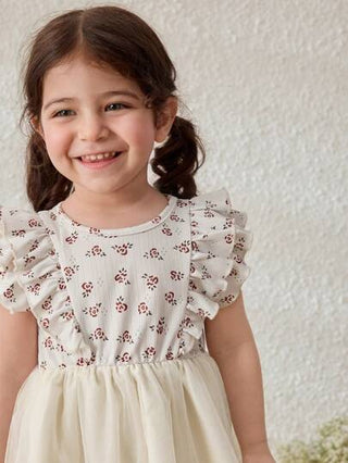 فساتين بيبي Blossori فستان بناتي أسلوب ريفي بزهور متناثرة ذات تباين مع شبكة تافتا لون المشمش