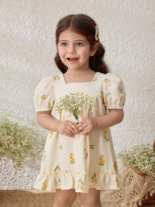 فساتين بيبي Blossori فستان أطفال بنات على الطراز الريفي بأكمام منتفخة ومطبوع بالأزهار الصفراء