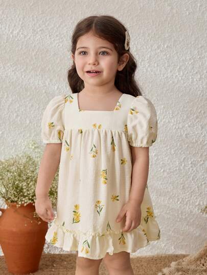 فساتين بيبي Blossori فستان أطفال بنات على الطراز الريفي بأكمام منتفخة ومطبوع بالأزهار الصفراء