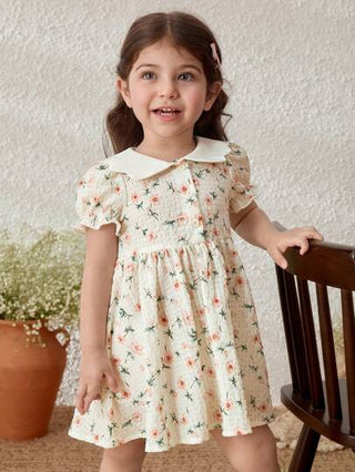 فساتين بيبي Blossori فستان بياقة ريفية مطبوع بالزهور للبنات الصغار مع أكمام منتفخة