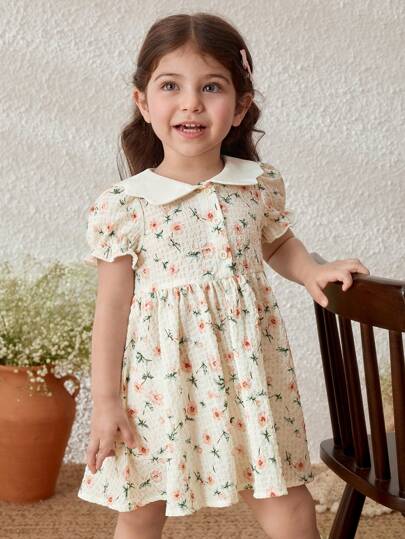 فساتين بيبي Blossori فستان بياقة ريفية مطبوع بالزهور للبنات الصغار مع أكمام منتفخة