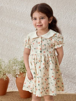 فساتين بيبي Blossori فستان بياقة ريفية مطبوع بالزهور للبنات الصغار مع أكمام منتفخة