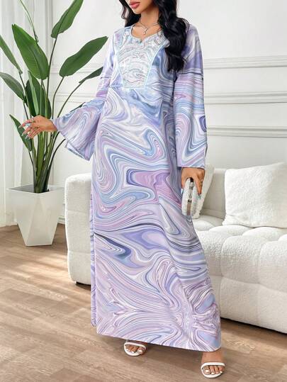 Yasmyna فستان أنيق بتصميم حجري مرصع بالراين إلى الأسلوب العربي، محتشم للسيدات