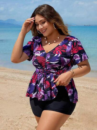 Swim Lushoire مجموعة بيكيني بالحجم الكبير للنساء بطبعة زهور وحلقات عرضية