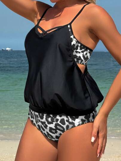 طقم تانكيني حريمي Swim Lushoire بكيني بنقشة نمر مع سترة للنزهات البحرية ، للمرأة