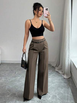 PETITE بنطلون ذو خصر عالي بقصة واسعة ذو لون أحادي مع حزام مطابق بتصميم أنيق، مناسب للاستخدام اليومي والعمل وحفلات الشاي