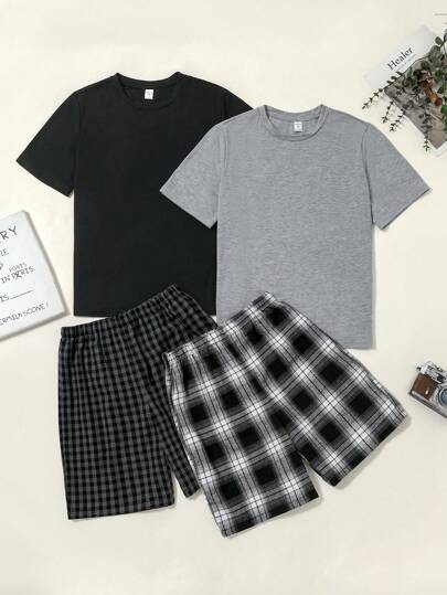 SHEIN طقم بيجاما كاجوال مكون من 4 قطع للمراهقين البنين ، يشمل تيشيرت رقبة دائرية سادة وشورت مربعات فضفاض ومريح