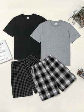 SHEIN طقم بيجاما كاجوال مكون من 4 قطع للمراهقين البنين ، يشمل تيشيرت رقبة دائرية سادة وشورت مربعات فضفاض ومريح