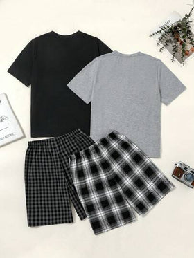 SHEIN طقم بيجاما كاجوال مكون من 4 قطع للمراهقين البنين ، يشمل تيشيرت رقبة دائرية سادة وشورت مربعات فضفاض ومريح