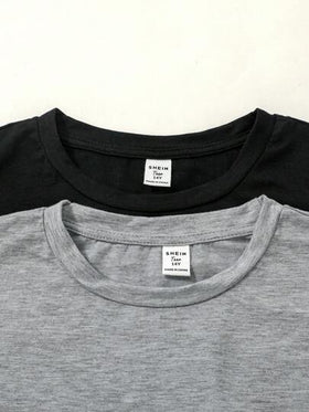SHEIN طقم بيجاما كاجوال مكون من 4 قطع للمراهقين البنين ، يشمل تيشيرت رقبة دائرية سادة وشورت مربعات فضفاض ومريح