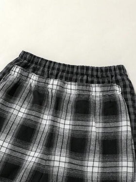 SHEIN طقم بيجاما كاجوال مكون من 4 قطع للمراهقين البنين ، يشمل تيشيرت رقبة دائرية سادة وشورت مربعات فضفاض ومريح