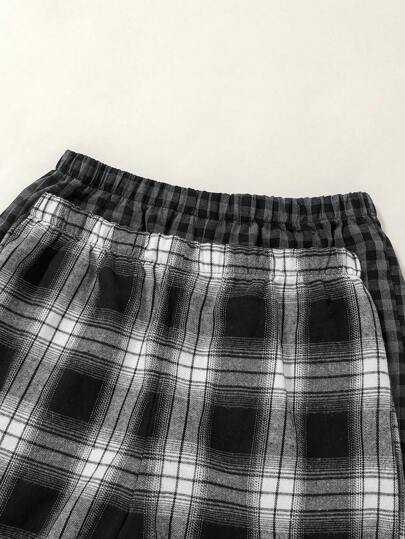 SHEIN طقم بيجاما كاجوال مكون من 4 قطع للمراهقين البنين ، يشمل تيشيرت رقبة دائرية سادة وشورت مربعات فضفاض ومريح