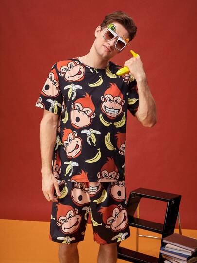Happy Jammies طقم بيجامة رجالي من قميص وشورت كرتوني قصير الأكمام كيوت وممتع