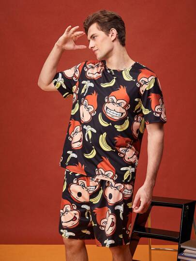 Happy Jammies طقم بيجامة رجالي من قميص وشورت كرتوني قصير الأكمام كيوت وممتع