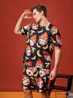 Happy Jammies طقم بيجامة رجالي من قميص وشورت كرتوني قصير الأكمام كيوت وممتع