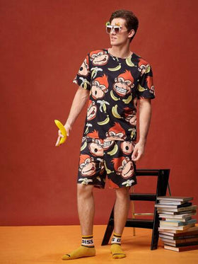 Happy Jammies طقم بيجامة رجالي من قميص وشورت كرتوني قصير الأكمام كيوت وممتع