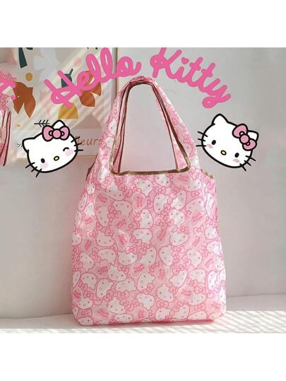 أحذية أوكسفورد حريمي Sanrio حقيبة تسوق كبيرة السعة بتصميم هيلو كيتي - مصنوعة من قماش أكسفورد قوي، قابلة للطي، محمولة، حل تخزين عالي الجودة بتصميم نقاط وردية