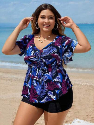 Swim Lushoire مجموعة قطعتين للمرأة متشكلة من ملابس علوية بلا أكمام مطبوع بطبعات عشوائية وسروال بكيني بحجم كبير