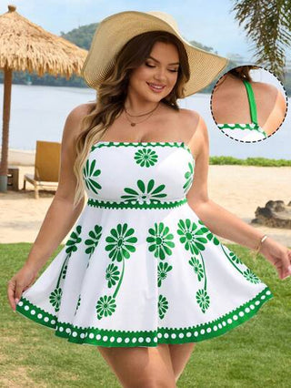 SHEIN CURVE+ بدلة سباحة مكونة من قطعتين للمرأة الحجم الكبير، ملابس علوية بانديو مطبوع بطبعات ملونة متعددة مع أشرطة قابلة للإزالة، وجزء سفلي مثلث عالي الخصر، مناسبة لحفلات الشاطئ الصيفية