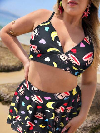 Paul Frank X SHEIN طقم تانكيني برباط جانبي مطبوع بالقرد والموز مقاس كبير الحجم