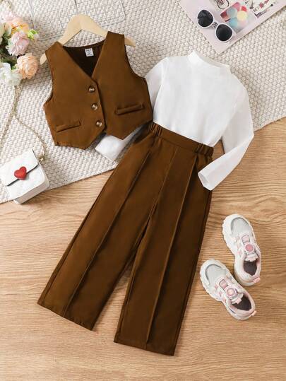 SHEIN طقم ملابس أطفال بنات للربيع والخريف، 3 قطع عالية الجودة: صدرية + بنطلون واسع + تي شيرت طويل الأكمام، ملابس خارجية كاجوال مكونة من 3 قطع، صدرية وردية أكمام بدون أكمام + ملابس علوية محبوكة عالية الرقبة + بنطلون واسع، تصميم أنيق وبسيط بأسلوب أوروبي وأم