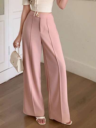 SHEIN سراويل بنطلون فضفاض مستقيمة الساق قابلة للاستخدام في مناسبات الحياة اليومية وللتجول والرسميات، بتصميم أنيق بلون وردي