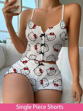 SANRIO 1 قطعة بنطال بيجامة قصير مطبوع برسومات هالو كيتي للنساء ، بنطال قصير صيفي للنوم، بيجاما نسائية ملابس نوم قصيرة جذابة وملائمة للاسترخاء والراحة, بنطال بيجامة هالو كيتي