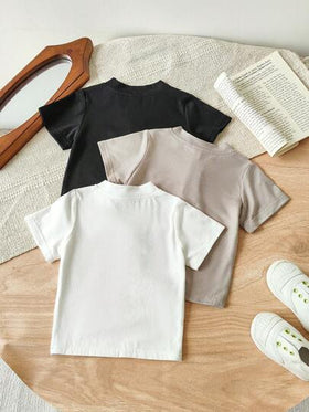 SHEIN Vintaside Kids 3 قطع تي شيرت بأكمام قصيرة بألوان أساسية للأولاد الرضع، الأسود والأبيض والرمادي الداكن، عصري وقابل للتنوع، مناسب للخارج والكاجوال والتمرين وحفلات أخرى