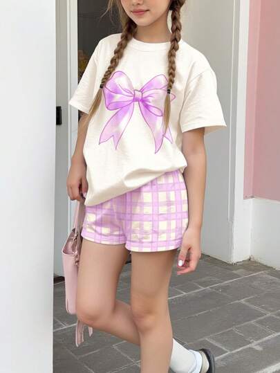 girls-sets طقم قصير الأكمام وقصير البنطال من قطعتين مناسب للفتيات المراهقات بتصميم بسيط وعفوي، مناسب للصيف