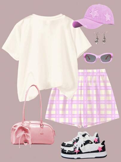 girls-sets طقم قصير الأكمام وقصير البنطال من قطعتين مناسب للفتيات المراهقات بتصميم بسيط وعفوي، مناسب للصيف