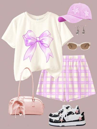 girls-sets طقم قصير الأكمام وقصير البنطال من قطعتين مناسب للفتيات المراهقات بتصميم بسيط وعفوي، مناسب للصيف