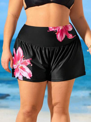 Swim SPRTY قطعة سفلية للسباحة من البيكيني ذات الخصر العالي المجعّد بطبعة الزنبق، مقاسات كبيرة للنساء