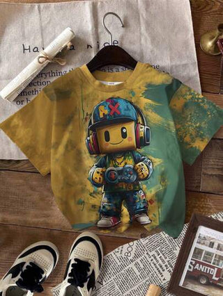 GraphicGems قميص أساسي بأكمام قصيرة للأولاد الصغار مطبوع عليه رجل البكسل من وحدة الألعاب الكارتونية، ملابس متطابقة للإخوة (تباع قطعتان بشكل منفصل)