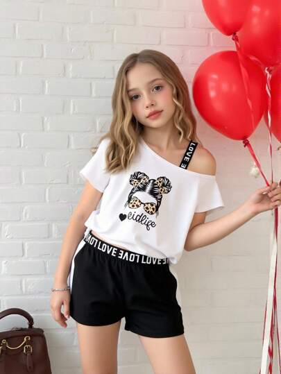 girls-sets بنطلون قصير وتي شيرت قصير بأكمام قطعتان مطبوعة كيوت وعصرية تكشف عن الأكتاف، مجموعة موسم الربيع/الصيف