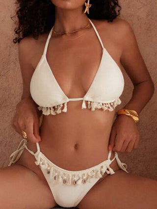 Swim Chiccia بيكيني صدفة أنيق برقبة شرابة لون أحادي للنساء قطعتين