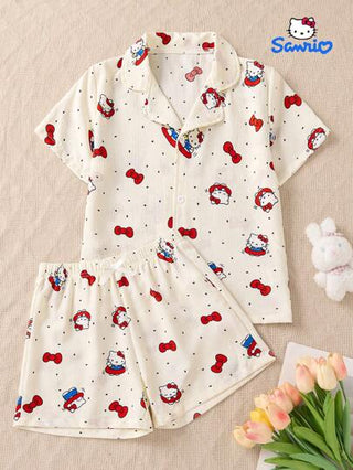 بيجاما Sanrio البيجامة الجديدة للصيف المناسبة للبيت، طقم بنطلون قصير ولباس علوي مطبوعة برسوم كرتونية للبنات من كيتي بتصميم أنيق وعصري وملائم للإرتداء في البيت وحفلات الأعياد, هدية مناسبة للأطفال والأصدقاء
