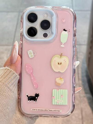 حافظة هاتف DIY الإبداعية الكيوت زهري، متوافقة مع هواتف آيفون 16 برو ماكس 15 برو 14 13 12 11 بلس، مصممة بصورة قطة على تفاحة كاواييي ممتعة