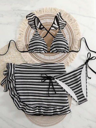 Swim Vcay طقم بكيني 3 قطع بخطوط وتنورة ، ملابس علوية وبوتوم واقعة بظهر مزخرف للنساء لموسم الصيف