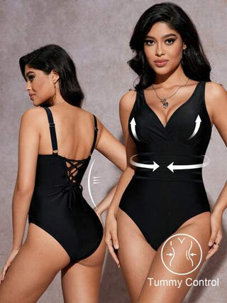 مايوه حريمي قطعة واحدة Shapewave قطعة واحدة ملابس سباحة ملونة ومنحفة للنساء، باللون الأسود، مناسبة لأجازة الشاطئ