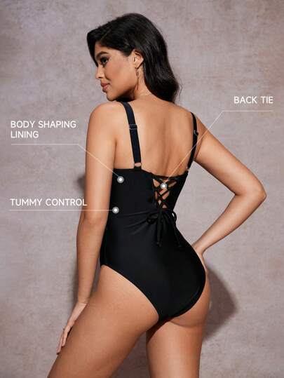 مايوه حريمي قطعة واحدة Shapewave قطعة واحدة ملابس سباحة ملونة ومنحفة للنساء، باللون الأسود، مناسبة لأجازة الشاطئ